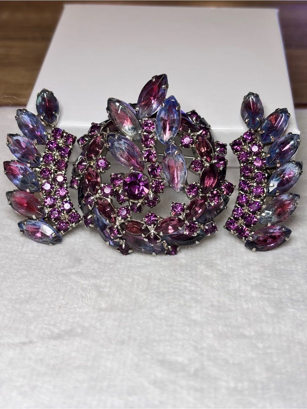 Vintage Madeline Purple Givre Rhinestone Wreath Brooch Earring Demi Parure MCM